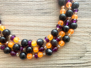 Fall Statement Necklace, purple black Orange, Triple Strand Statement Necklace, fall colors, chunky autumn necklace, champagne beaded
