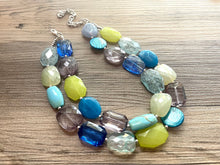 Load image into Gallery viewer, Seaglass Seascape Statement Necklace, chunky bib beaded jewelry, gray green royal blue necklace, lime dark blue beaded acrylic jewelry