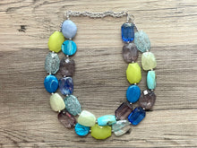 Load image into Gallery viewer, Seaglass Seascape Statement Necklace, chunky bib beaded jewelry, gray green royal blue necklace, lime dark blue beaded acrylic jewelry