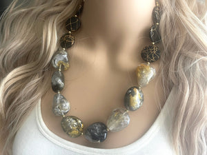 Black Gray & Gold Necklace, single strand gold jewelry, big beaded chunky statement necklace, black necklace, gold jewelry