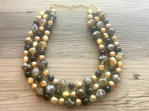 Black Gray Gold Statement Necklace, chunky bib beaded jewelry, neutral jewelry, golden necklace, beaded acrylic jewelry, black beaded