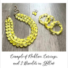 Load image into Gallery viewer, Mint Green Chunky Statement Necklace &amp; Stretch Bracelet set, Triple Strand Beaded Jewelry, Green jewelry, bridesmaid gold jelly bean