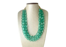 Load image into Gallery viewer, Mint Green Chunky Statement Necklace &amp; Stretch Bracelet set, Triple Strand Beaded Jewelry, Green jewelry, bridesmaid gold jelly bean