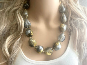 Black Gray & Gold Necklace, single strand gold jewelry, big beaded chunky statement necklace, black necklace, gold jewelry