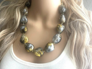 Black Gray & Gold Necklace, single strand gold jewelry, big beaded chunky statement necklace, black necklace, gold jewelry