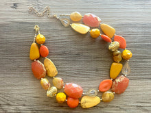 Load image into Gallery viewer, Golden Fall Leaves Statement Necklace, chunky bib beaded jewelry, neutral jewelry yellow orange turquoise necklace, beaded acrylic mustard