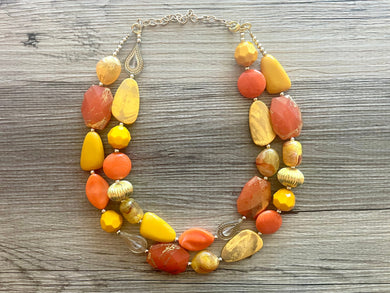 Golden Fall Leaves Statement Necklace, chunky bib beaded jewelry, neutral jewelry yellow orange turquoise necklace, beaded acrylic mustard
