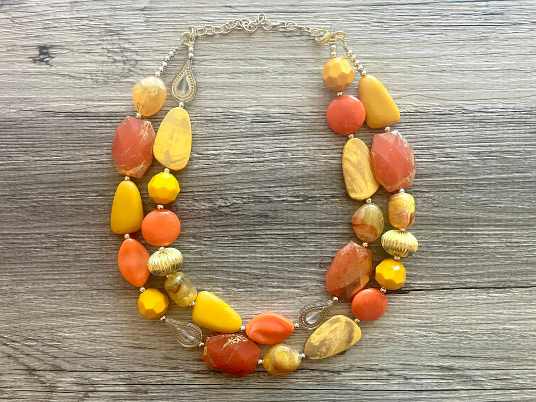 Golden Fall Leaves Statement Necklace, chunky bib beaded jewelry, neutral jewelry yellow orange turquoise necklace, beaded acrylic mustard