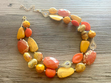 Load image into Gallery viewer, Golden Fall Leaves Statement Necklace, chunky bib beaded jewelry, neutral jewelry yellow orange turquoise necklace, beaded acrylic mustard