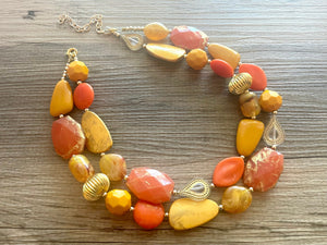 Golden Fall Leaves Statement Necklace, chunky bib beaded jewelry, neutral jewelry yellow orange turquoise necklace, beaded acrylic mustard