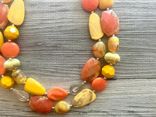 Load image into Gallery viewer, Golden Fall Leaves Statement Necklace, chunky bib beaded jewelry, neutral jewelry yellow orange turquoise necklace, beaded acrylic mustard