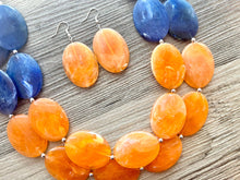Load image into Gallery viewer, Orange &amp; Blue Chunky Statement Necklace, Big beaded jewelry, multi strand Statement Necklace, chunky royal blue orange jewelry earrings