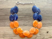 Load image into Gallery viewer, Orange &amp; Blue Chunky Statement Necklace, Big beaded jewelry, multi strand Statement Necklace, chunky royal blue orange jewelry earrings