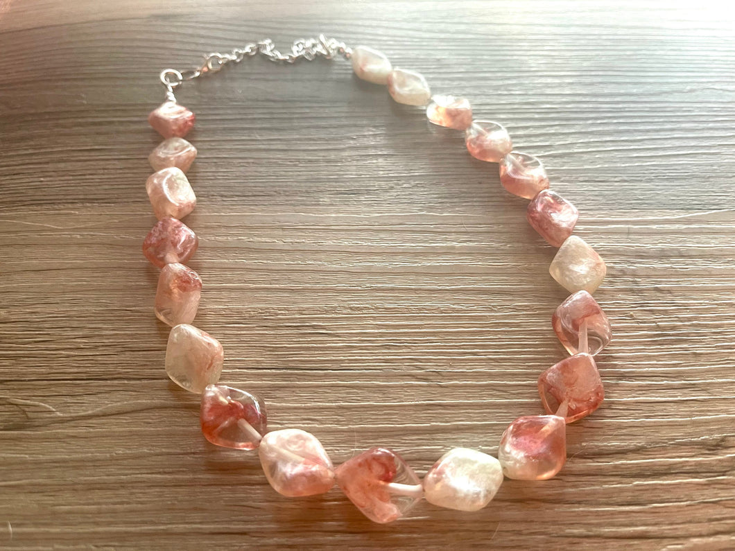 Red & Silver Necklace, single strand jewelry, big beaded chunky statement necklace, red resin swirl bridesmaid necklace, bib necklace