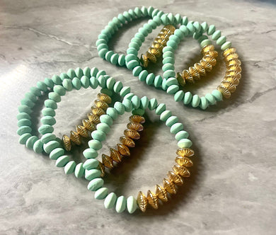 Mint Green & Gold Stretch Bracelets, wood Disc Bead Bracelets, mint green jewelry wood beaded bracelets