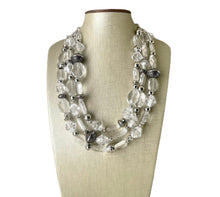 Load image into Gallery viewer, Silver and Clear statement necklace, lucite necklace, resin necklace, clear three strand chunky jewelry, silver Beaded Holiday Necklace