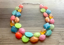 Load image into Gallery viewer, Taco Tuesday Statement Necklace, chunky bib beaded jewelry, Rainbow jewelry, pink blue green orange necklace, beaded acrylic jewelry