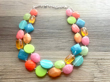 Load image into Gallery viewer, Taco Tuesday Statement Necklace, chunky bib beaded jewelry, Rainbow jewelry, pink blue green orange necklace, beaded acrylic jewelry