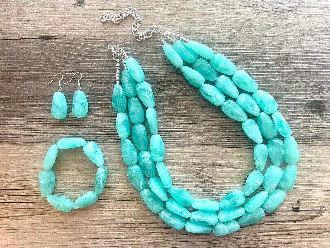 Mint Green Chunky Statement Necklace & Stretch Bracelet set, Triple Strand Beaded Jewelry, Green jewelry, bridesmaid gold jelly bean