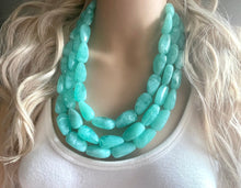 Load image into Gallery viewer, Mint Green Chunky Statement Necklace &amp; Stretch Bracelet set, Triple Strand Beaded Jewelry, Green jewelry, bridesmaid gold jelly bean