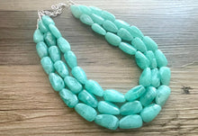 Load image into Gallery viewer, Mint Green Chunky Statement Necklace &amp; Stretch Bracelet set, Triple Strand Beaded Jewelry, Green jewelry, bridesmaid gold jelly bean