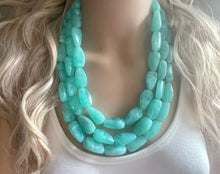 Load image into Gallery viewer, Mint Green Chunky Statement Necklace &amp; Stretch Bracelet set, Triple Strand Beaded Jewelry, Green jewelry, bridesmaid gold jelly bean