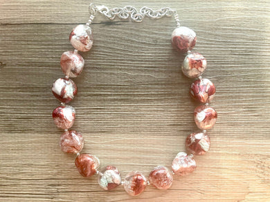Red & Silver Necklace, single strand jewelry, big beaded chunky statement necklace, red resin swirl bridesmaid necklace, bib necklace