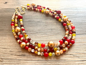 Fall Affair Necklace, Triple Layer Statement Jewelry, autumn Statement Necklace, deep red Wedding Bridesmaid Jewelry, yellow champagne