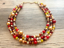 Load image into Gallery viewer, Fall Affair Necklace, Triple Layer Statement Jewelry, autumn Statement Necklace, deep red Wedding Bridesmaid Jewelry, yellow champagne