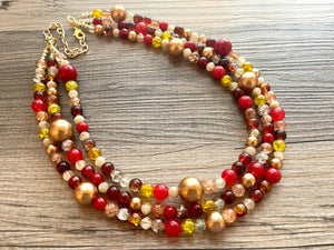 Fall Affair Necklace, Triple Layer Statement Jewelry, autumn Statement Necklace, deep red Wedding Bridesmaid Jewelry, yellow champagne