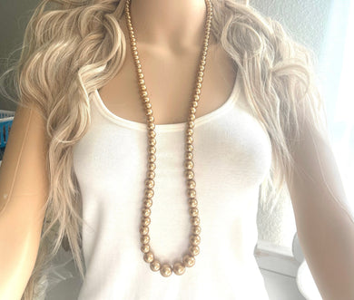 Extra Long Gold graduated ball beaded necklace, gold statement necklace jewelry set, gold ball earrings, layering necklace
