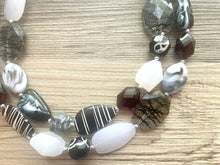 Load image into Gallery viewer, Black &amp; White Zebra Statement Necklace, chunky beaded jewelry, neutral necklace, black and white necklace, beaded jewelry animal print