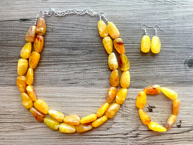 Marigold Chunky Statement Necklace & Stretch Bracelet set, Double Strand Beaded Jewelry, Yellow jewelry, bridesmaid fall wedding
