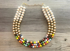 Triple Gold Rainbow + Wood grain Beaded Necklace, Colorful Jewelry Chunky statement necklace, big beaded necklace jewelry painted tan