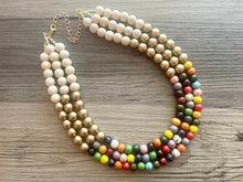 Load image into Gallery viewer, Triple Gold Rainbow + Wood grain Beaded Necklace, Colorful Jewelry Chunky statement necklace, big beaded necklace jewelry painted tan