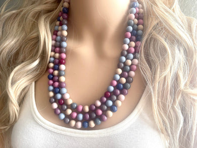 Fall Triple strand Beaded Necklace, Colorful Jewelry, Chunky statement necklace, big beaded necklace, gray purple jewelry, Autumn confetti