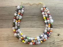 Load image into Gallery viewer, Triple Gold Rainbow + White Painted Beaded Necklace, Colorful Jewelry Chunky statement necklace, big beaded necklace jewelry painted tan