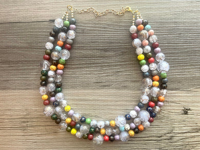 Triple Gold Rainbow + White Painted Beaded Necklace, Colorful Jewelry Chunky statement necklace, big beaded necklace jewelry painted tan