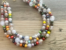 Load image into Gallery viewer, Triple Gold Rainbow + White Painted Beaded Necklace, Colorful Jewelry Chunky statement necklace, big beaded necklace jewelry painted tan