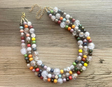 Load image into Gallery viewer, Triple Gold Rainbow + White Painted Beaded Necklace, Colorful Jewelry Chunky statement necklace, big beaded necklace jewelry painted tan