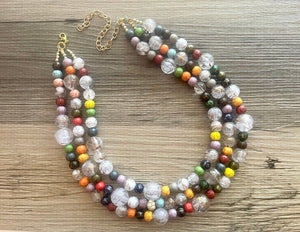 Triple Gold Rainbow + White Painted Beaded Necklace, Colorful Jewelry Chunky statement necklace, big beaded necklace jewelry painted tan