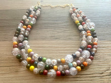 Load image into Gallery viewer, Triple Gold Rainbow + White Painted Beaded Necklace, Colorful Jewelry Chunky statement necklace, big beaded necklace jewelry painted tan