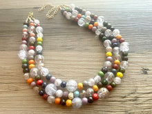 Load image into Gallery viewer, Triple Gold Rainbow + White Painted Beaded Necklace, Colorful Jewelry Chunky statement necklace, big beaded necklace jewelry painted tan