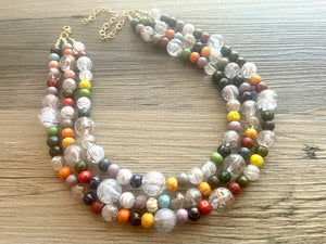 Triple Gold Rainbow + White Painted Beaded Necklace, Colorful Jewelry Chunky statement necklace, big beaded necklace jewelry painted tan