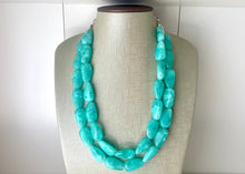 Load image into Gallery viewer, Mint Green Chunky Statement Necklace &amp; Stretch Bracelet set, Double Strand Beaded Jewelry, Green jewelry, bridesmaid gold jelly bean