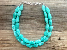Load image into Gallery viewer, Mint Green Chunky Statement Necklace &amp; Stretch Bracelet set, Double Strand Beaded Jewelry, Green jewelry, bridesmaid gold jelly bean