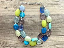 Load image into Gallery viewer, Seaglass Seascape Statement Necklace, chunky bib beaded jewelry, gray green royal blue necklace, lime dark blue beaded acrylic jewelry