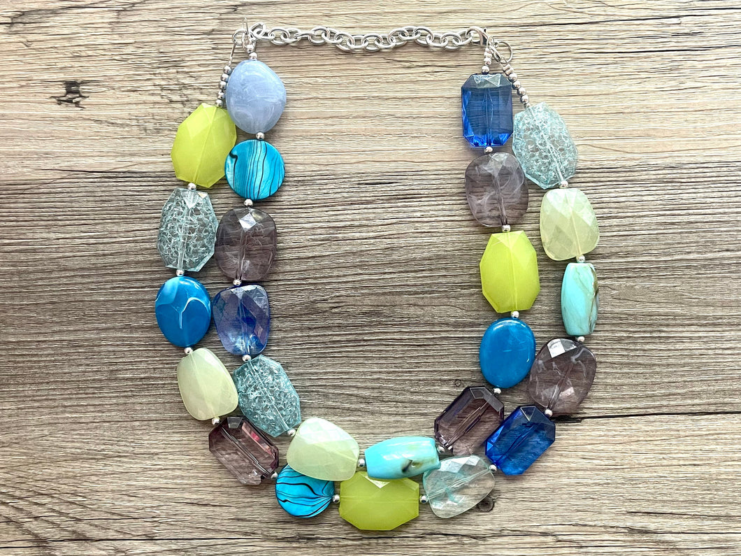 Seaglass Seascape Statement Necklace, chunky bib beaded jewelry, gray green royal blue necklace, lime dark blue beaded acrylic jewelry
