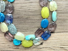 Load image into Gallery viewer, Seaglass Seascape Statement Necklace, chunky bib beaded jewelry, gray green royal blue necklace, lime dark blue beaded acrylic jewelry