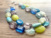 Load image into Gallery viewer, Seaglass Seascape Statement Necklace, chunky bib beaded jewelry, gray green royal blue necklace, lime dark blue beaded acrylic jewelry